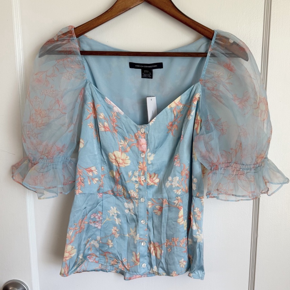 French Connection Forget Me Not Floral Drape Puff Sleeve Blouse